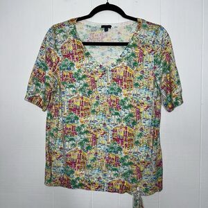 Talbots Women’s City Scape Print Short Sleeve Sweater V Neck Size Large